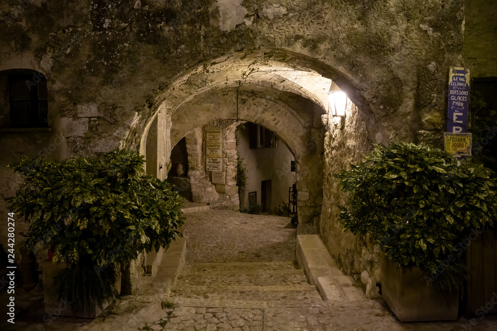 Beautiful cobbled streets of Sainte Agnes, France at night