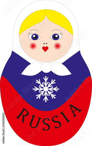 Russian nesting doll, toy for child, symbol of Russia, face puppet, isolated portrait of nesting doll, flag colors, vector culture object