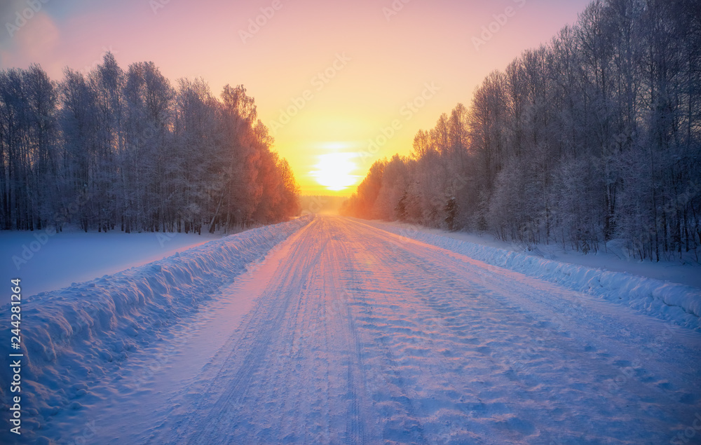Sun over siberian rural empty road under the snow at morning time - obrazy, fototapety, plakaty 