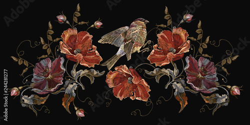 Embroidery birds and poppies flowers vector. Spring fashion art, template for design of clothes, t-shirt design