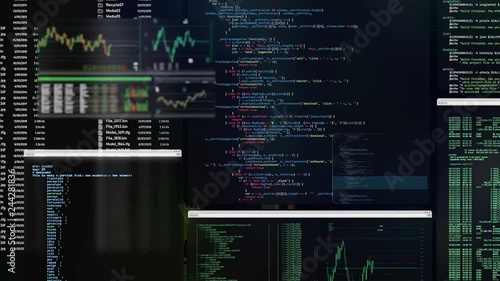 Futuristic control panel with ruung applications, moving code listings, commands, updating financial data tabs. Flowing windows with blinking commands and code woth neutral colors. Hacker console.