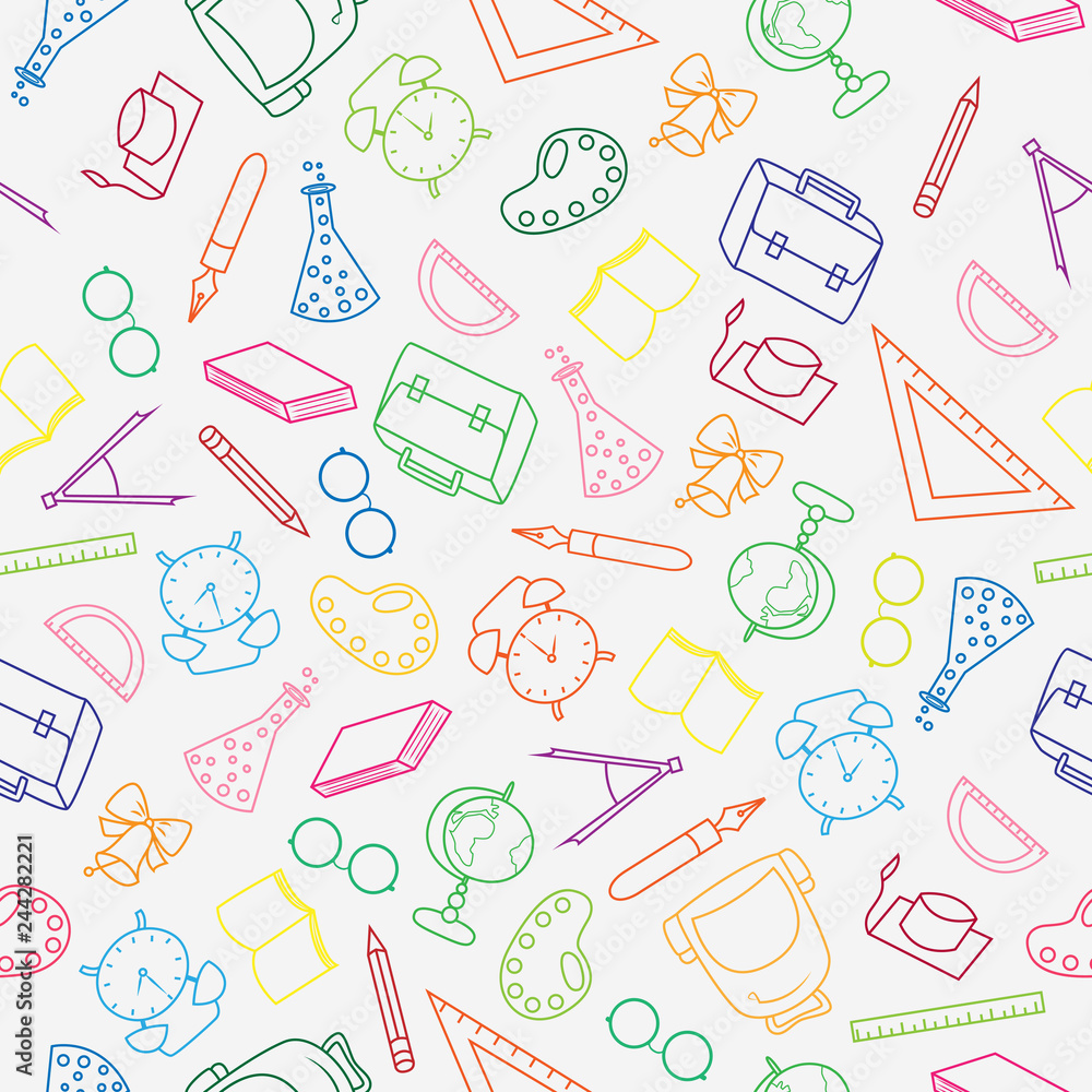 Hand drawn pattern back to school and education with color thin line icons school supplies on white background. Hand drawn pattern back to school and education with color thin line icons school supplies on white background.
