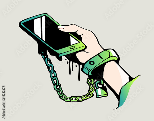 Smartphone addiction concept art in graffiti painting style, Hand is chained to the phone and key locking. vector illustration.