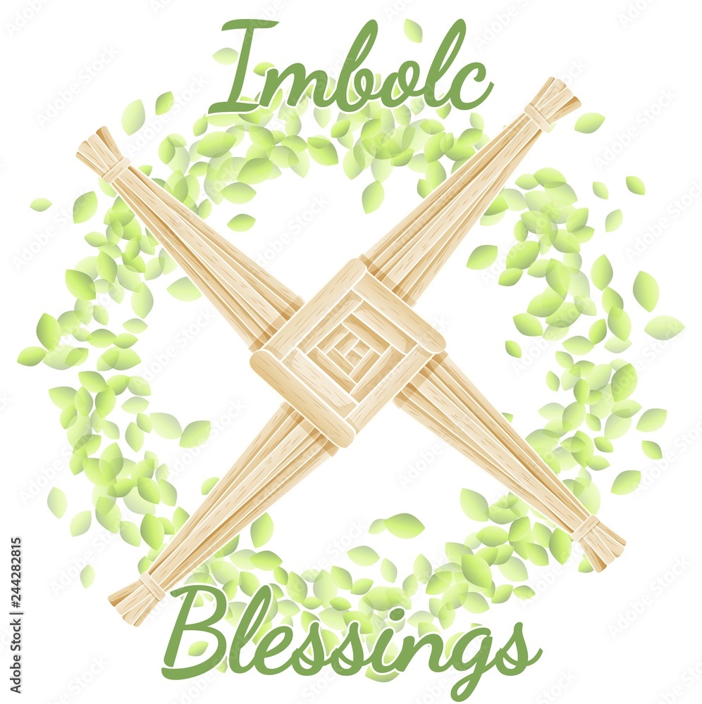 Imbolc Blessings. Beginning of spring pagan holiday. Brigid's Cross in a wreath of green leaves