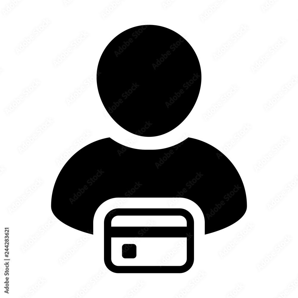 Finance icon vector male user person profile avatar symbol with debit card for banking and concept in flat color glyph pictogram illustration Finance icon vector male user person profile avatar symbol with debit card for banking and concept in flat color glyph pictogram illustration