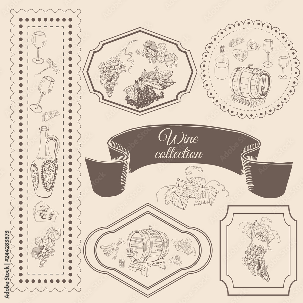 Collection of wine product elements in frame. Hand drawn sketch objects in vitage style.
