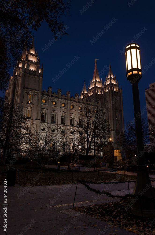 the cathedral of the saint of latter days at night, night view of the cathedral of mormons in salt lake city. Utah, United states