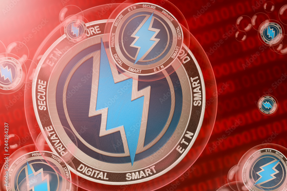 Fototapeta premium Electroneum crash; Electroneum (ETN) coins in a bubbles on the binary code background. Close-up.