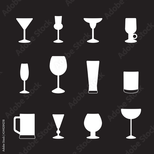 Types of glasses for different drinks, a set of icons. Vector illustration