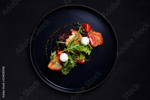traditional Danish open sandwich smorrebrod, toast for breakfast or lunch with rye bread, grilled chicken and mozzarella, healthy and delicious snack, chef making food