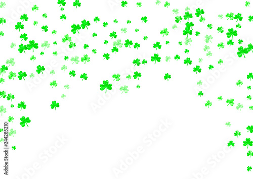 Clover background for Saint Patricks Day.  Lucky trefoil confetti. Glitter frame of shamrock leaves. Template for voucher, special business ad, banner. Happy clover background. © Holo Art