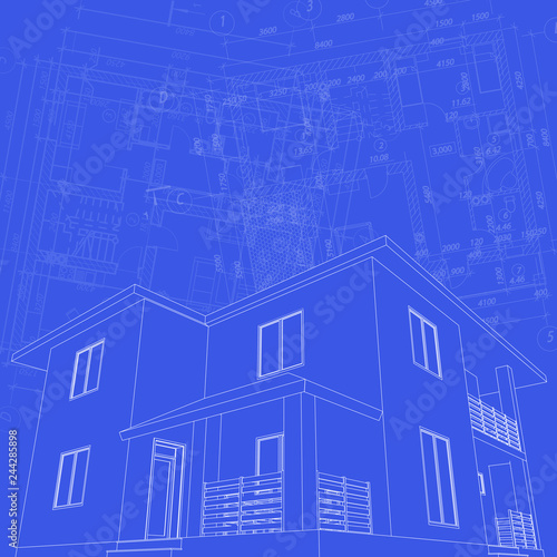 Perspective 3D and floor plan suburban house. Drawing of the modern building. Cottage project on blue background. Vector architectural blueprint.