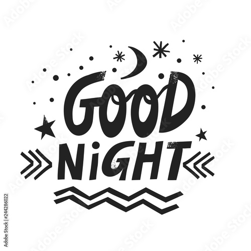 Vector hand-drawn lettering Good Night with moon, stars and snowflakes