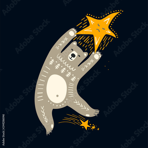 Vector childish hand-drawn illustration. A polar bear flies in space holding onto a star