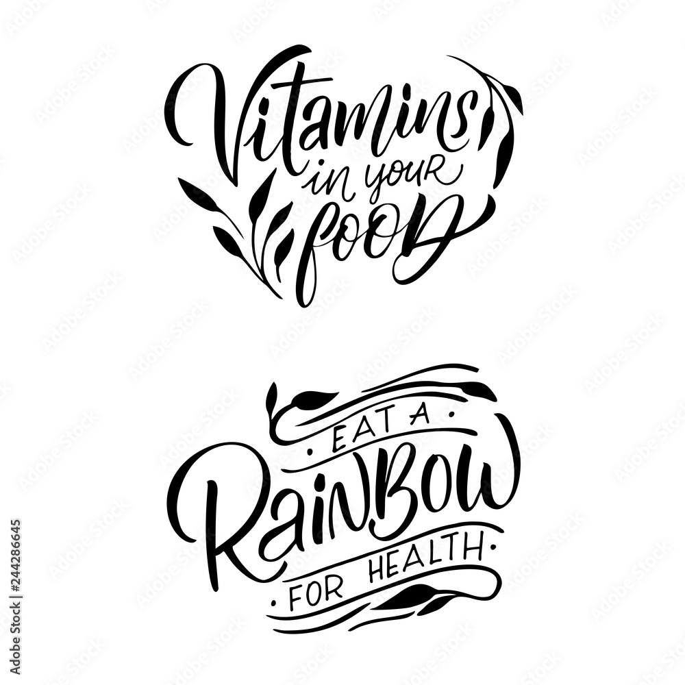 Fototapeta premium Vector logo design template in trendy linear style with hand-lettering - eat healthy - vegetarian and organic food badge or emblem for food packaging - label.