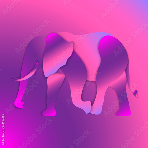 Futuristic elephant on neon background. 3D vector illustration. Paper cut out style.