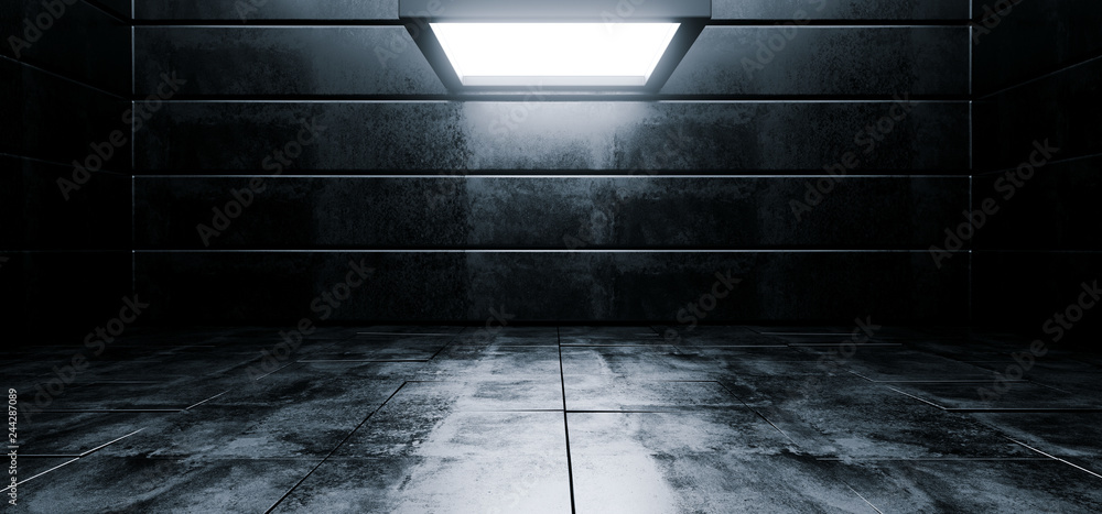 Sci Fi Modern Vibrant Empty High Contrast Grunge Concrete Realistic Room With Big Studio Lights Showroom Stage Background 3D Rendering - obrazy, fototapety, plakaty 