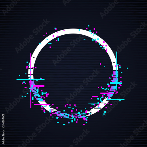 Glitch circle frame. Tv distorted signal vector illustration