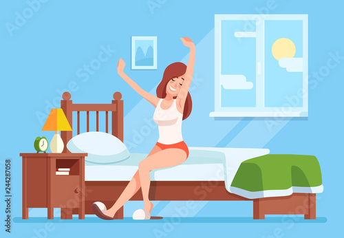 Fototapeta Naklejka Na Ścianę i Meble -  Lady wakes up morning. Lady is sitting on mattress cartoon vector concept