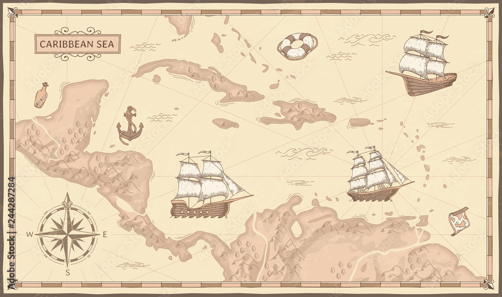 Old caribbean sea map. Ancient pirate routes, fantasy sea pirates ships