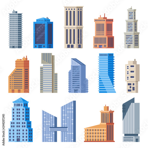 City office buildings. Glass building, modern urban offices exterior and town tall houses isolated vector set