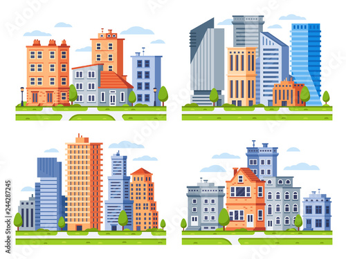 Real estate buildings. City houses cityscape, town apartment house building and urban residential district vector illustration set