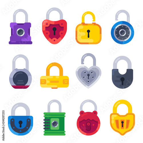 Safety mechanical lock. Safe key padlock, golden locks and brass padlocks isolated flat vector set