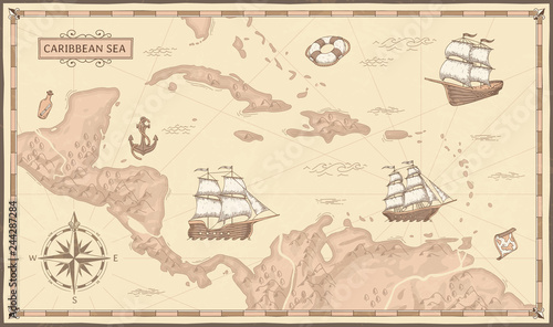 Old caribbean sea map. Ancient pirate routes, fantasy sea pirates ships and vintage pirate maps vector concept illustration