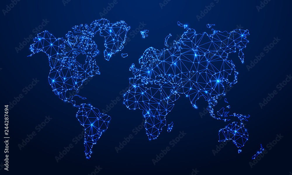 Polygonal map. Digital globe map, blue polygons earth maps and world internet connection 3d grid vector concept illustration