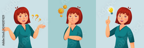 Thoughtful woman. Thinking female ask questions, confused thought or doubt and found question answer cartoon vector illustration