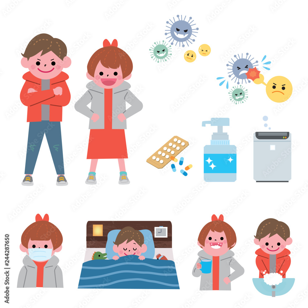 風邪 インフルエンザ 対策 イラスト セット Stock Vector Adobe Stock