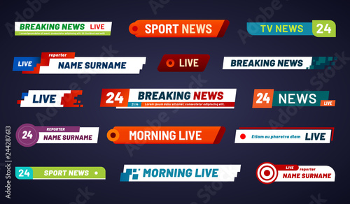 Tv news bar. Television broadcast media title banner isolated ve
