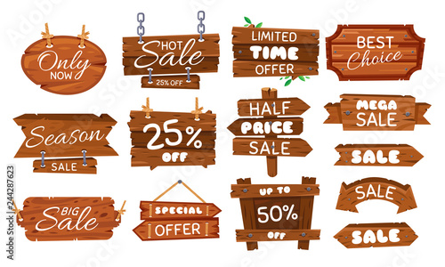 Wooden sale sticker. Season sales sign, wood board offer tag and vintage best price label cartoon vector illustration set