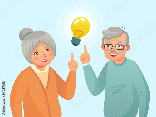 Seniors idea. Old people couple have idea, elderly senior thinking issue. Grandfather and grandmother cartoon vector illustration