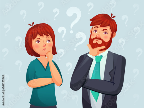 Thinking couple. Thoughtful man and woman, confused troubled question and people finding answer cartoon vector illustration