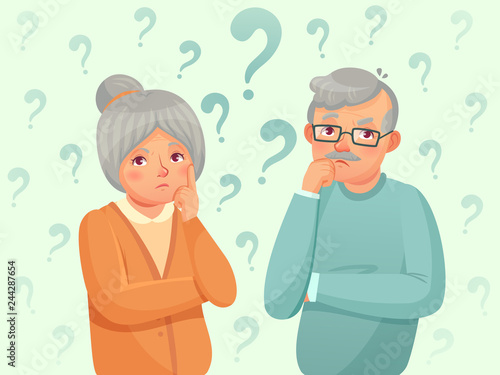 Thinking seniors couple. Confused elderly people. Grandfather, grandmother forget and trying remember cartoon vector illustration