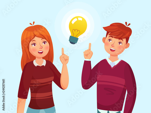 Young people have idea. Students couple having solution, teenagers ideas lamp bulb metaphor and teen cartoon vector illustration