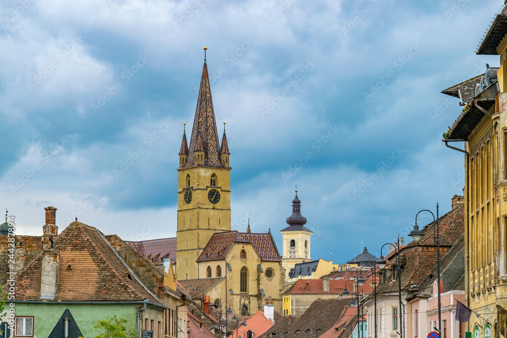 A view to the Sibiu city center and Lutheran Cathedral of Saint Mary in the Transylvania region, Romania