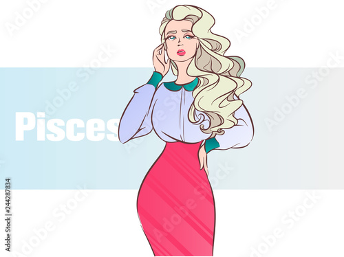 Zodiac sign Pisces. Beautiful fashion girl with with curly hair. Zodiac constellation. Template for banner website.
