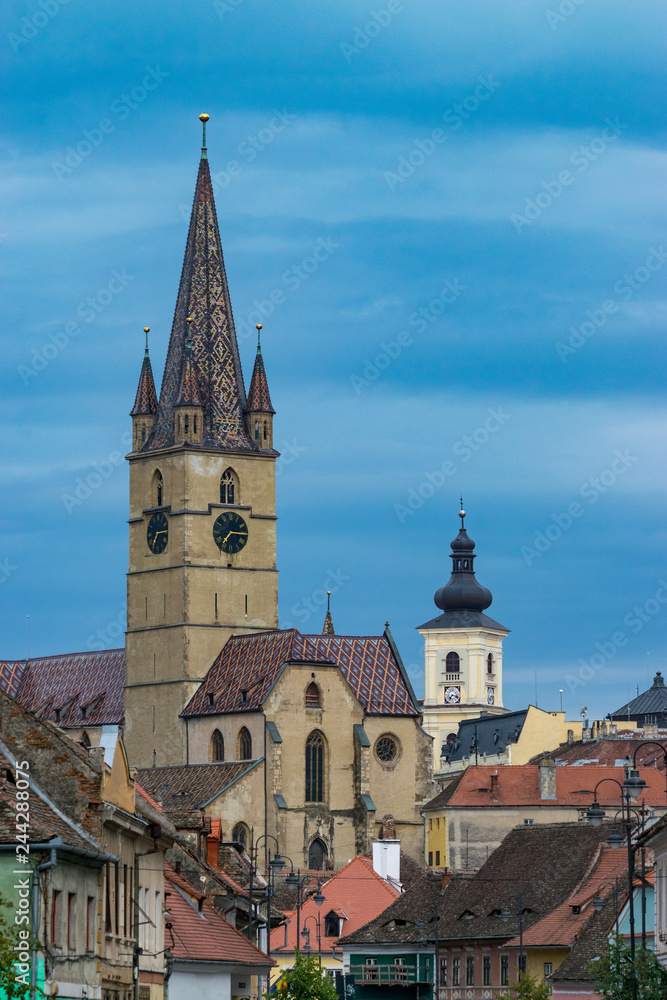 Lutheran Cathedral of Saint Mary on a beautiful sunny summer day in Sibiu, Transylvania region, Romania