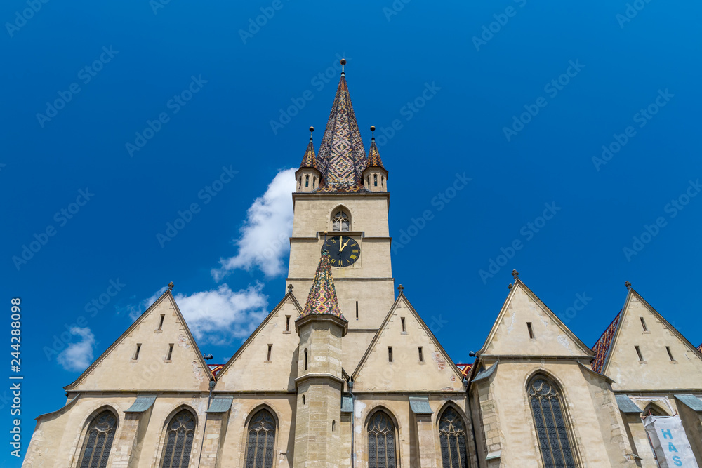 Lutheran Cathedral of Saint Mary on a beautiful sunny summer day in Sibiu, Transylvania region, Romania