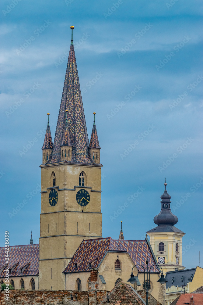 Lutheran Cathedral of Saint Mary on a beautiful sunny summer day in Sibiu, Transylvania region, Romania