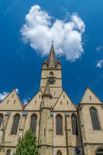 Lutheran Cathedral of Saint Mary on a beautiful sunny summer day in Sibiu, Transylvania region, Romania