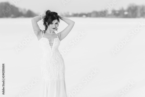 Arabic modern woman in long romantic fashionable dress, womens fashion, cold season 