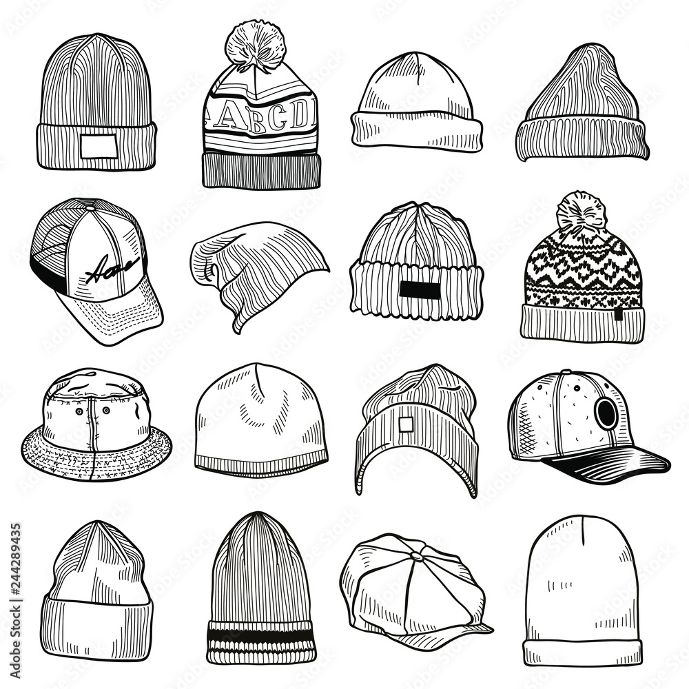 Set of fashion men's caps and hats sketches: baseball caps, snap-back cap,  trucker cap, baker