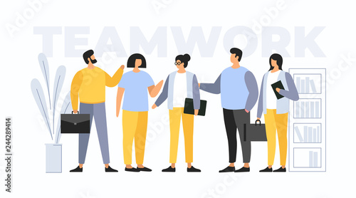 Concept teamwork. Meeting business people. The team young businessmen discusses discussing new projects. Solution of business problems. Vector flat illustration.