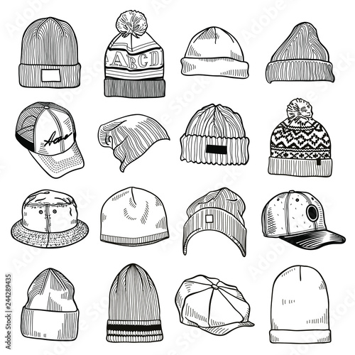 Set of fashion men's caps and hats sketches: baseball caps, snap-back cap, trucker cap, baker boy cap, knitted hats, hats with a pom pom, sports hats, fisherman beanie, bucket hat. Vector isolated
