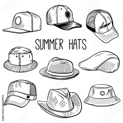 Set of sketches of summer hats and caps: baseball cap, snap-back cap, panama, fedora hat etc. Vector isolated illustration 