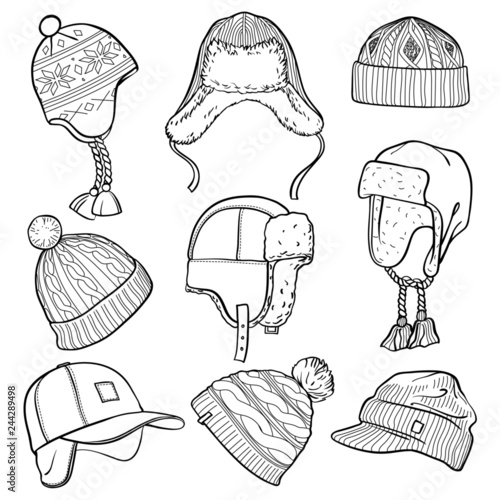 Set of 9 winter caps and hats sketches: baseball cap, ear flap hat, knitted hats, hats with a pom pom, fisherman beanie. Vector ink hand drawn illustration isolated on white background