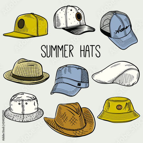 Set of sketches of summer sun hats and caps: baseball cap, snap-back cap, panama, fedora hat etc. Vector colored illustration 